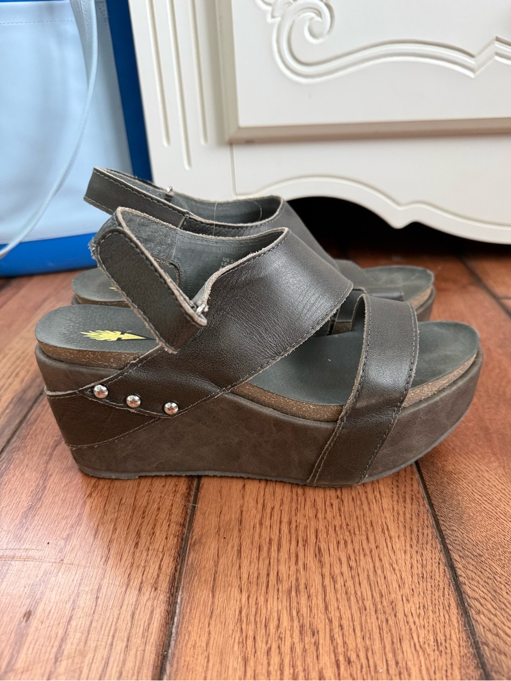 Women’s Grey Brown Leather Platform Sandals with Stud Detail